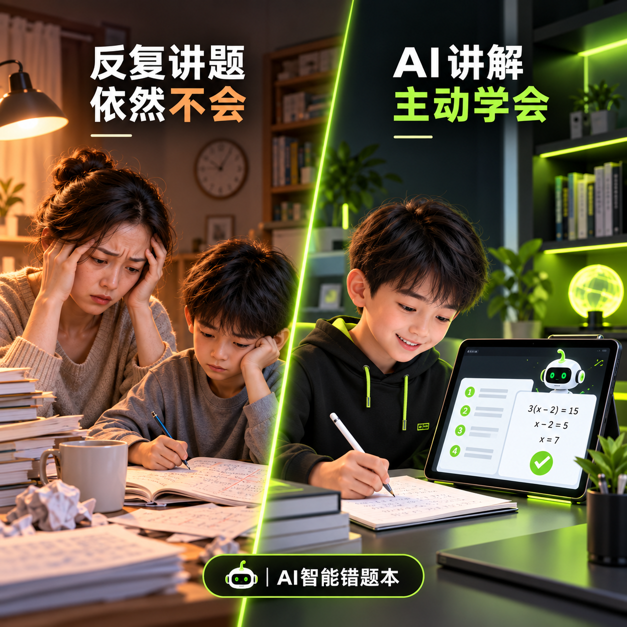 第1张：AI分步讲解。拍下题目和作答，查看错误原因、解题步骤与方法总结。