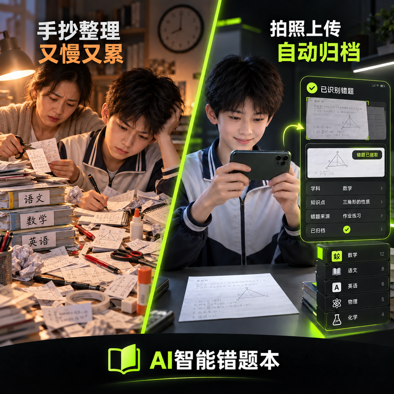 第2张：拍照自动归档。识别后的题目自动收入账户，集中查看，减少手抄整理。