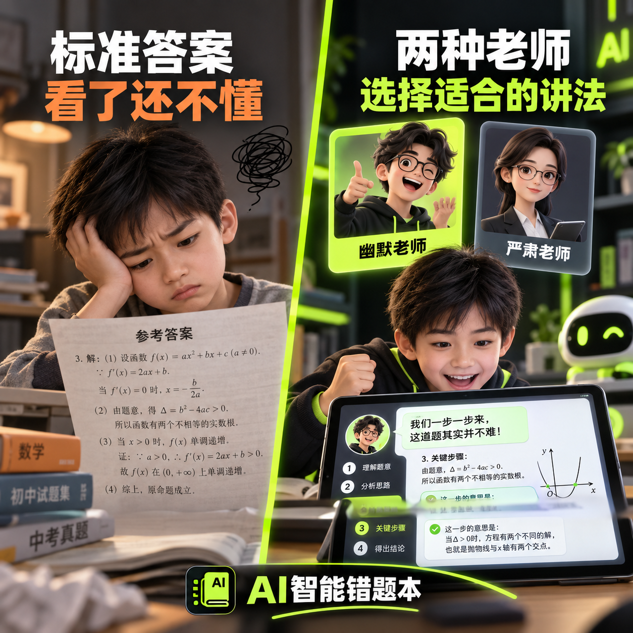 第4张：两种讲解风格。选择幽默亲切或严谨简洁的文字讲解方式。图片人物为宣传形象。