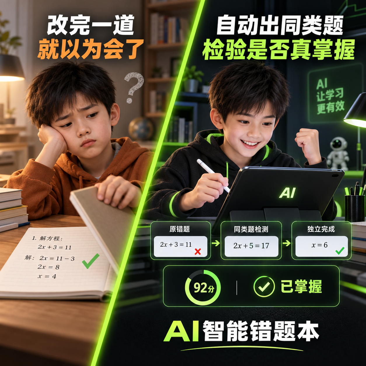 第6张：同类题检测。按错题知识点生成同类练习，作答后AI评分并更新掌握标签，也支持孩子自主调整。